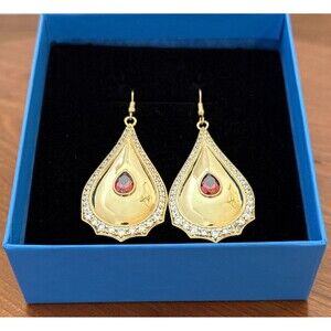 Bellezza Shiny Gold Tone Teardrop Earrings with Red & Clear Crystals